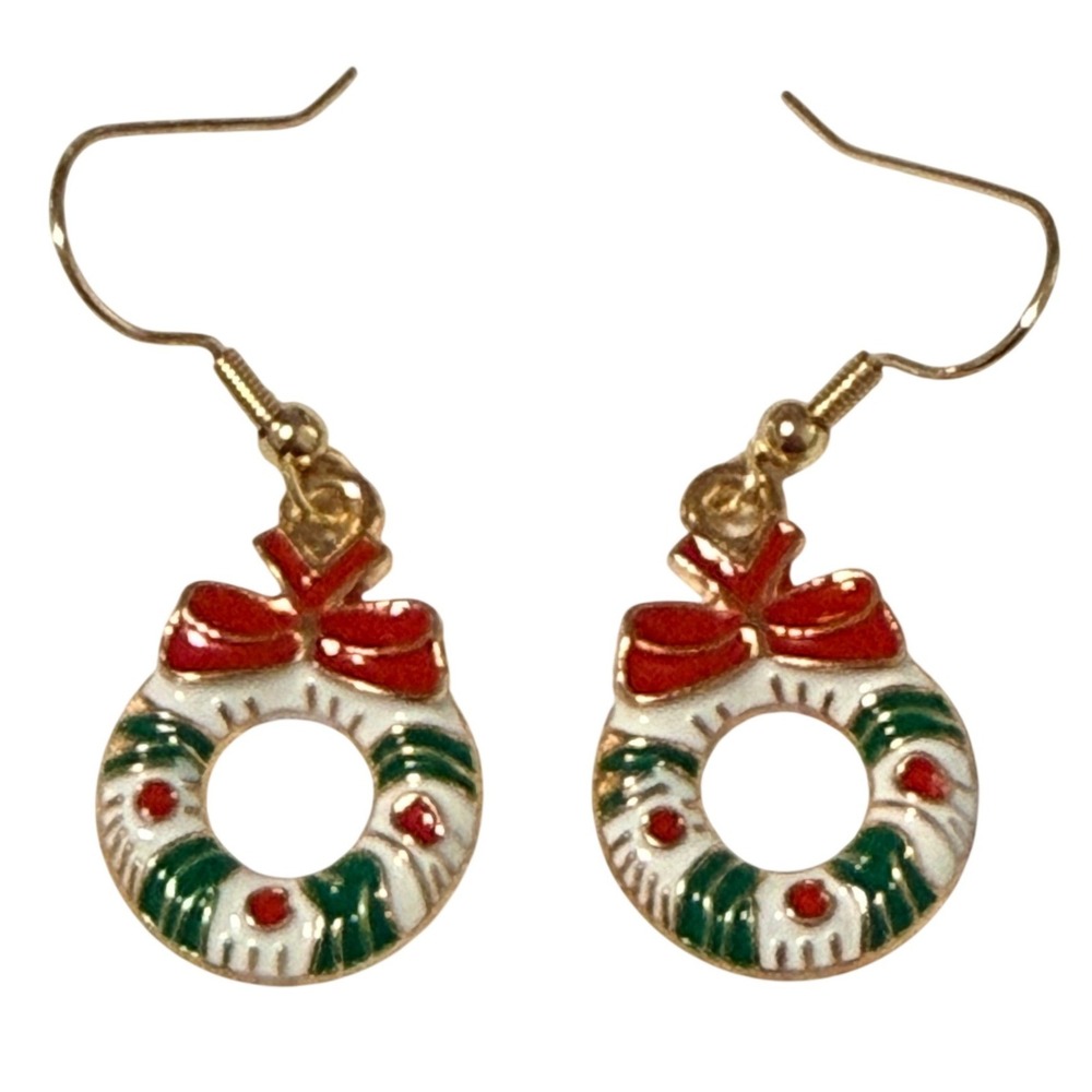 Christmas Wreath Drop Earrings Enamel Bow Red Green White Gold Tone